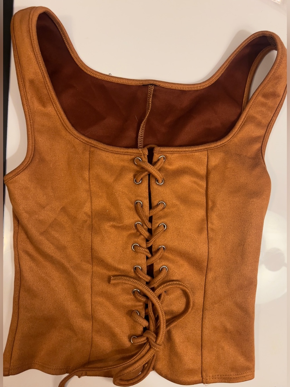 Lace-Up Faux Suede Tank Top in Caramel